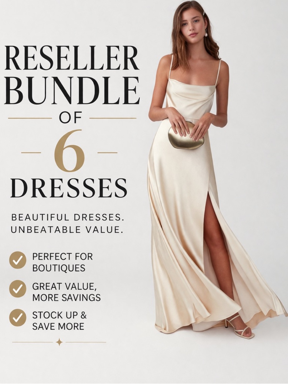 RESELLER BUNDLE OF 6 FAME and PARTNERS Champagne Slit Maxi Gown